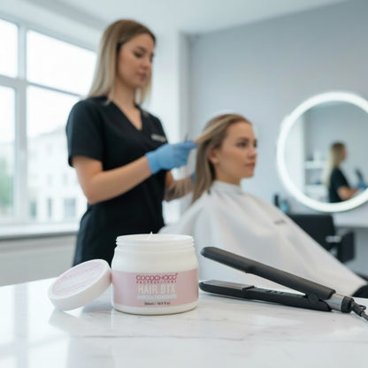 Woman getting hair treatment cocochoco in a salon with a container of hair product on the counter.